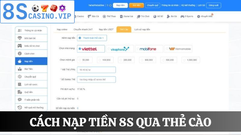 nạp tiền 8S qua thẻ cào điện thoại